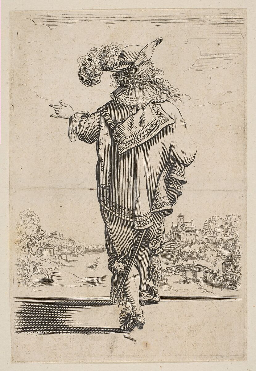 Gentleman Seen from the Back Indicating a Landscape, Anonymous, French, 17th century, Etching (reverse copy) 