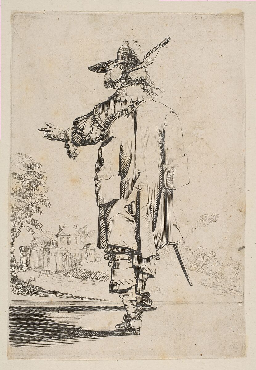 Gentleman Seen from the Back Pointing towards a Chateau, Anonymous, French, 17th century, Etching; reverse copy 