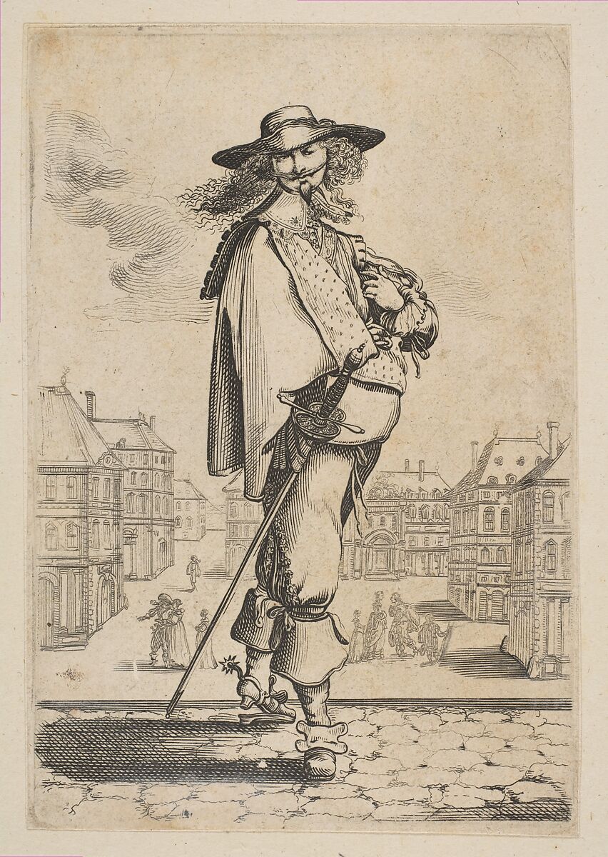 Gentleman with a Sword Before Some Buildings, Anonymous, French, 17th century, Etching; reverse copy 