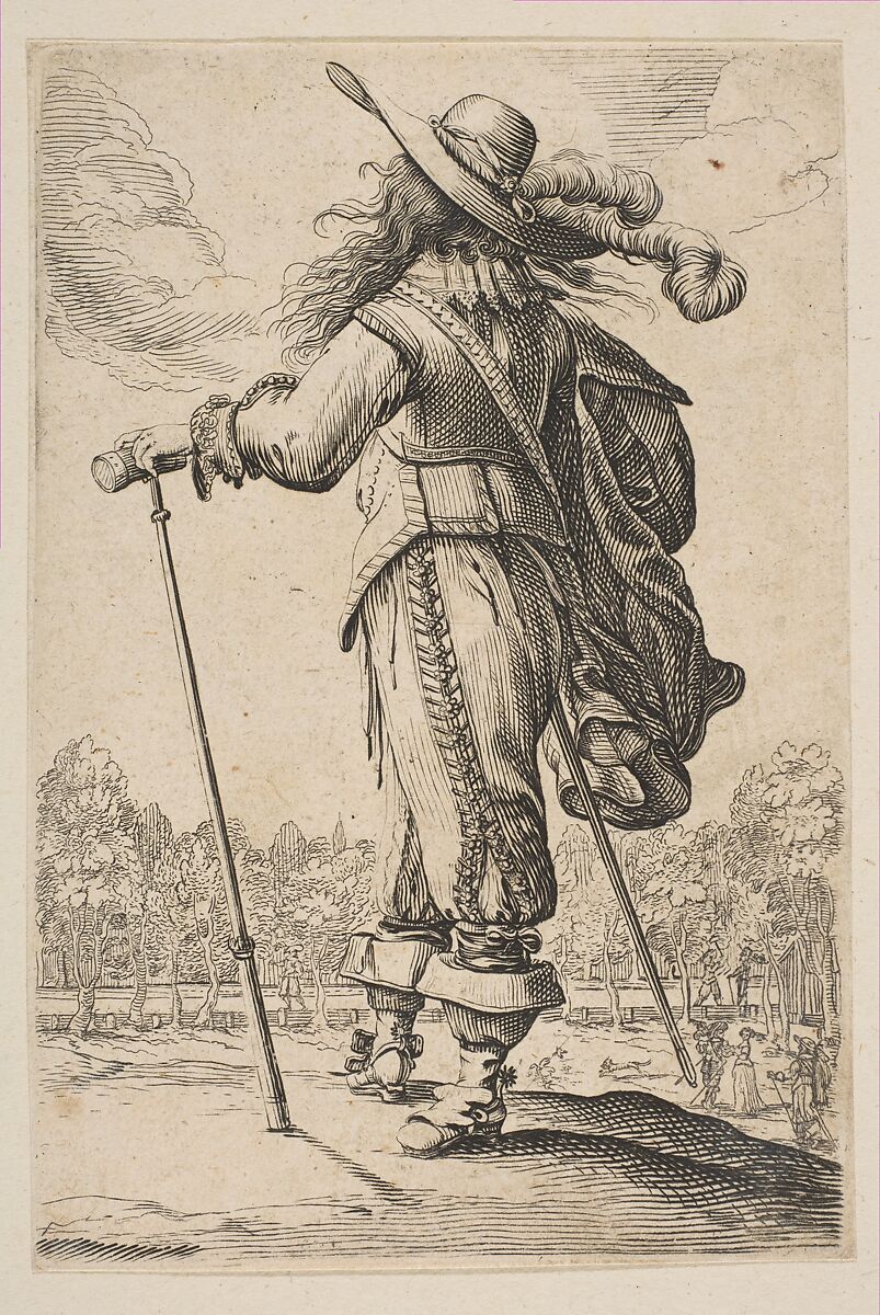 A Man Seen from the Back Leaning on a Cane or Mallet, Anonymous, French, 17th century, Etching; reverse copy 