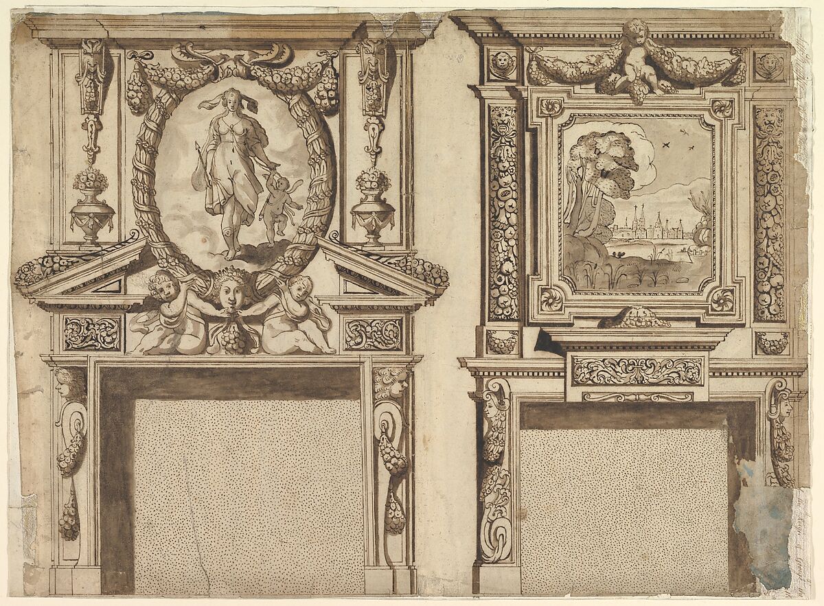 Design for Two Chimneypieces, Anonymous, British, 17th century, Pen and brown ink, brush and wash 