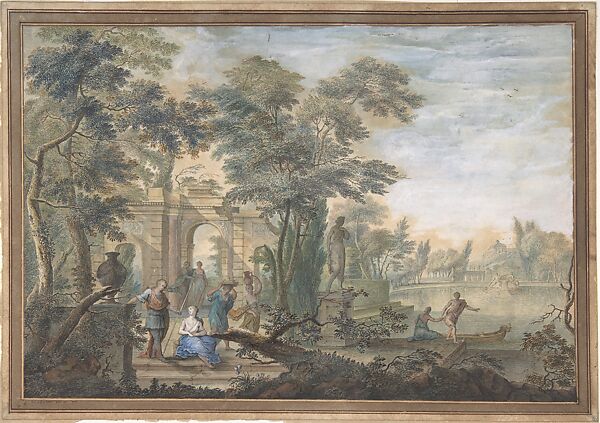 Arcadian Landscape with several Figures and a Statue of Diana