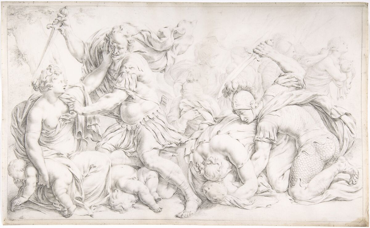 Massacre of the Innocents, Willem van Mieris (Dutch, Leiden 1662–1747 Leiden), Black chalk on vellum; framing lines in black chalk, by the artist 