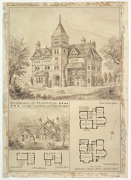 Residence at Hampstead, Stables and Ground Plan, George Lansdown (British, active late 19th–early 20th century) and Harriss, Pen and brown ink 