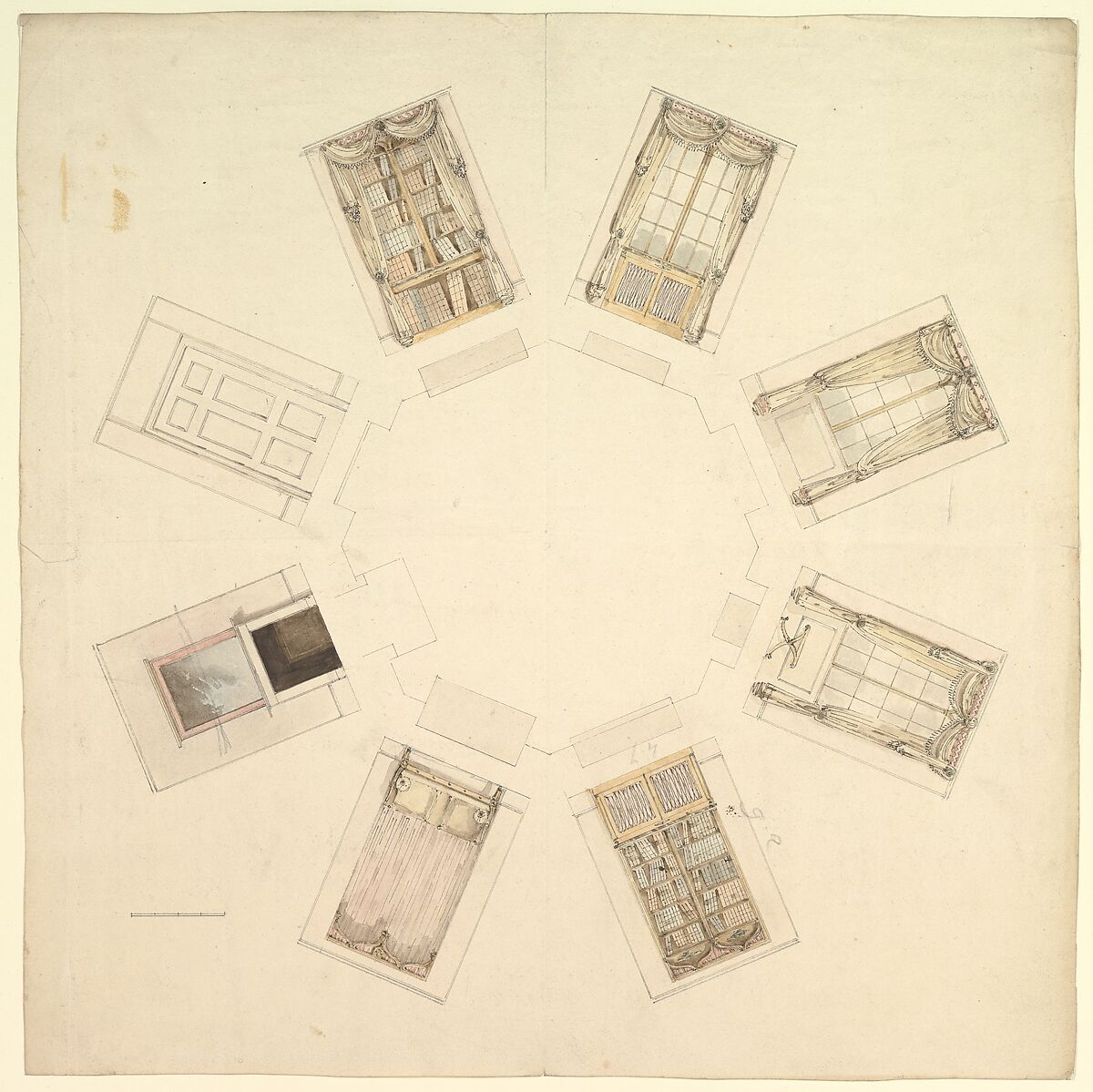 Octagonal Room with Sectional Views, Attributed to Anonymous, British, 19th century, Pen and ink with watercolor 