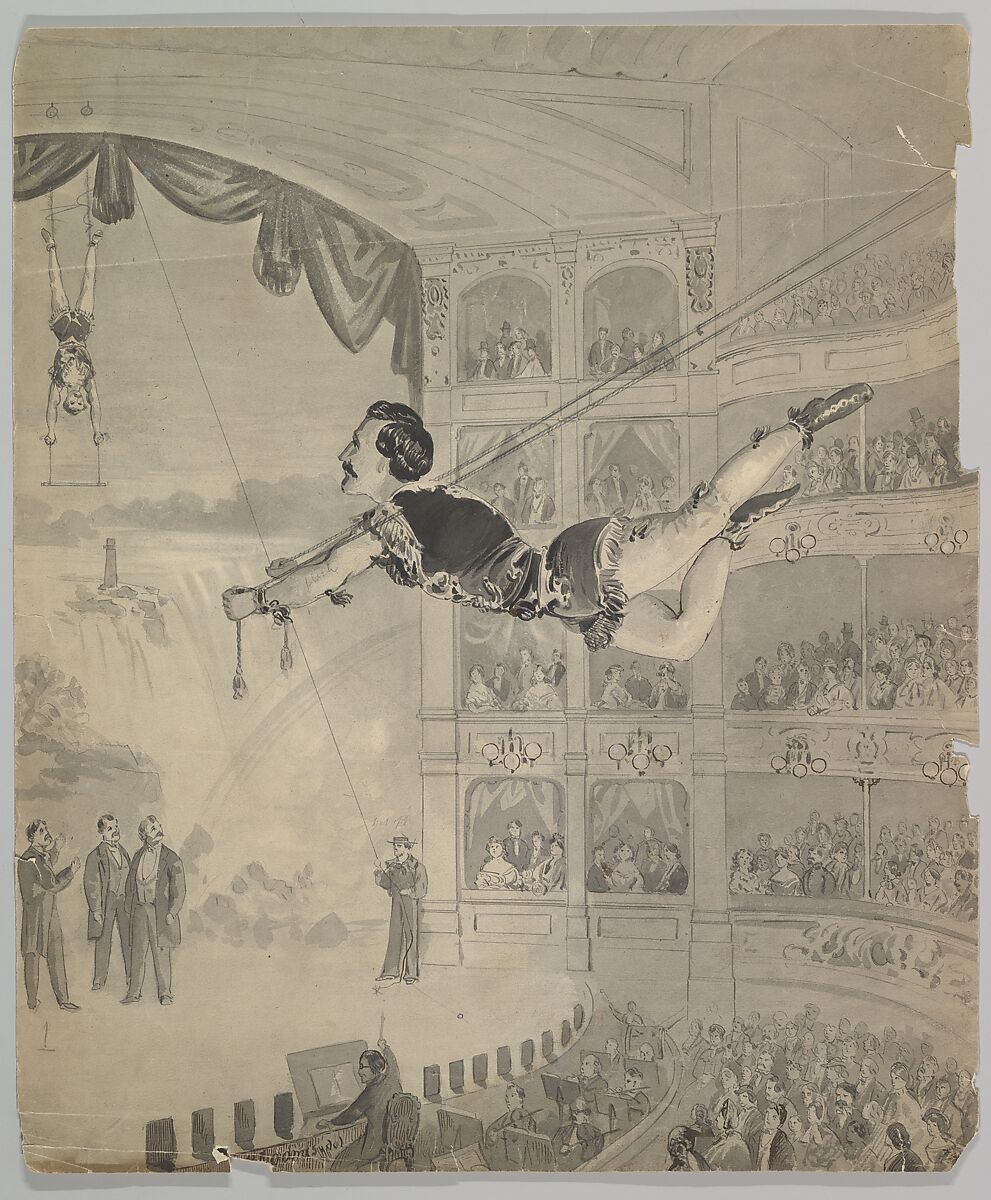 Trapeze Artist, Anonymous, British, 19th century, Pen and ink, brush and wash, and gouache (bodycolor) 