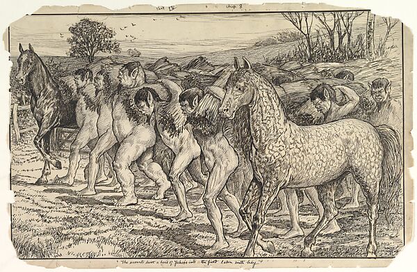 The Servants Drive a Herd of Yahoos into the Field laden with Hay (illustration to "Gulliver's Travels"), Louis John Rhead (American (born England), Etruria 1857–1926 Amityville, New York), Pen and ink 