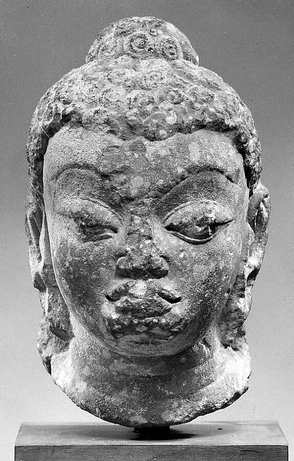 Head of a Buddha, Mottled red and white sandstone, India 