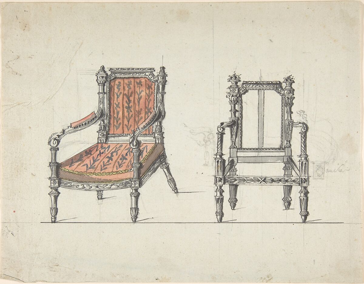 Two Carved-Wood Armchairs, Anonymous, French, 19th century, Pen and ink, wash and watercolor, with traces of graphite on laid paper 