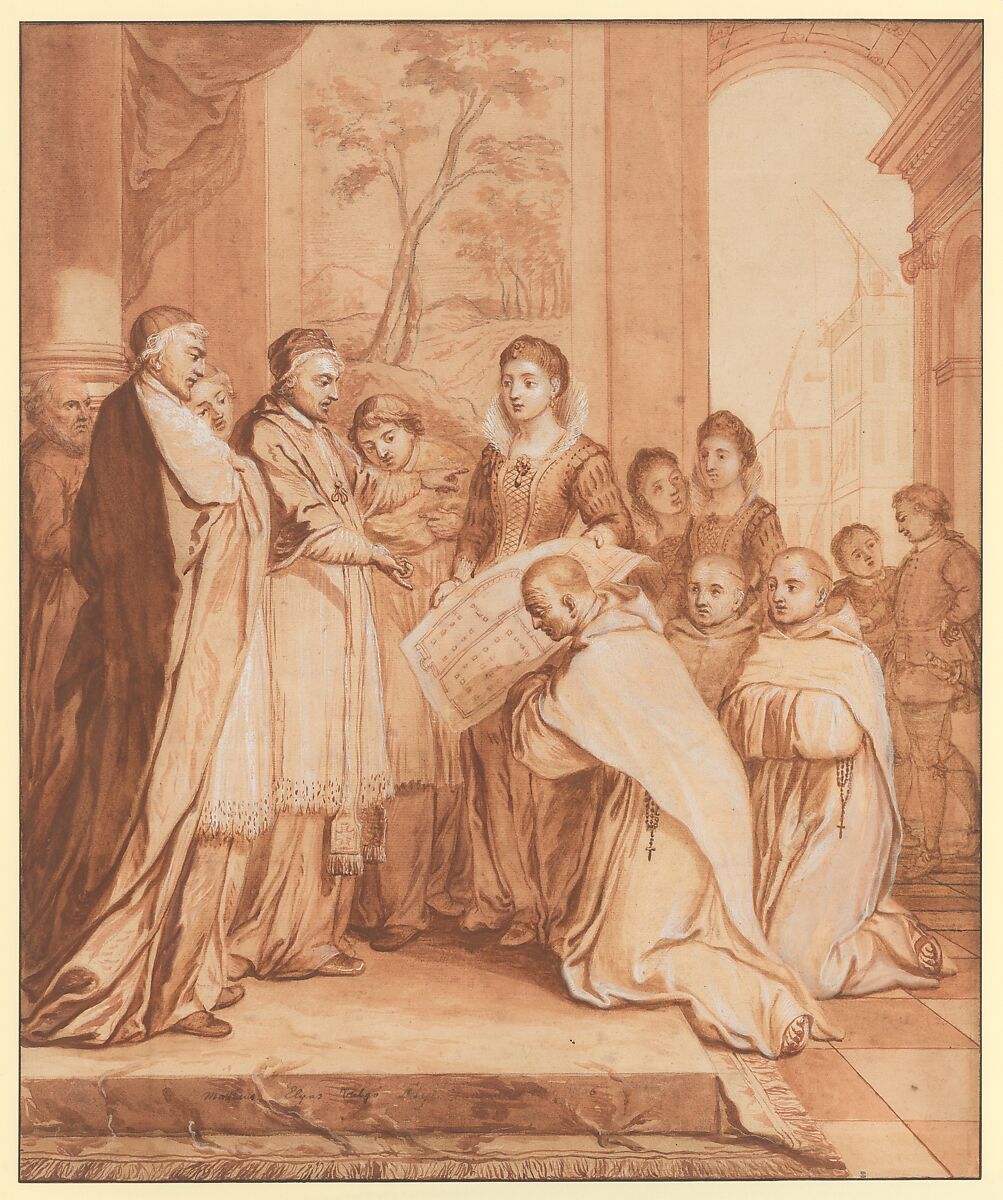 Scene 31: Foundation of a second Feuillant monastery in Rome, dedicated to Saint Bernard, in 1594, thanks to the generosity of Caterina de' Nobili, niece of Pope Julius III and widow of Count Sforza Sforza di Santa Fiora, Matthieu Elias (French, Peene 1658–1741 Dunkerque), Red chalk, pen and brown ink, brush and brown wash, heightened with white, over graphite