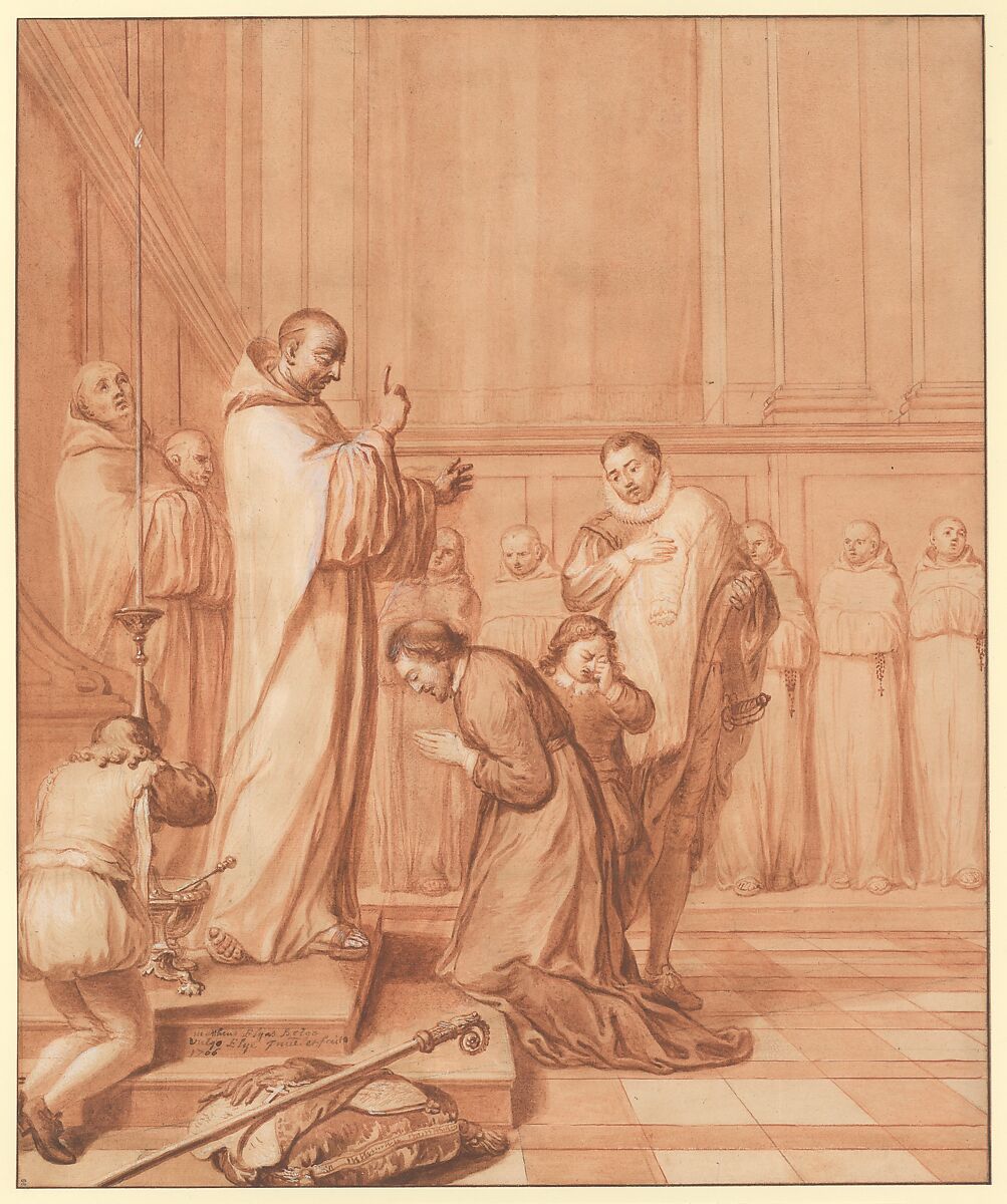 Jean de La Barrière blessing a cardinal, Matthieu Elias  French, Red chalk, pen and brown ink, brush and brown wash, heightened with white, over graphite
