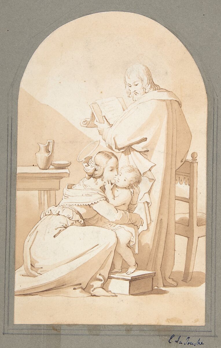 The Holy Family in an Interior, E. La Touche (early 19th century), Pen and brown ink and wash on wove paper