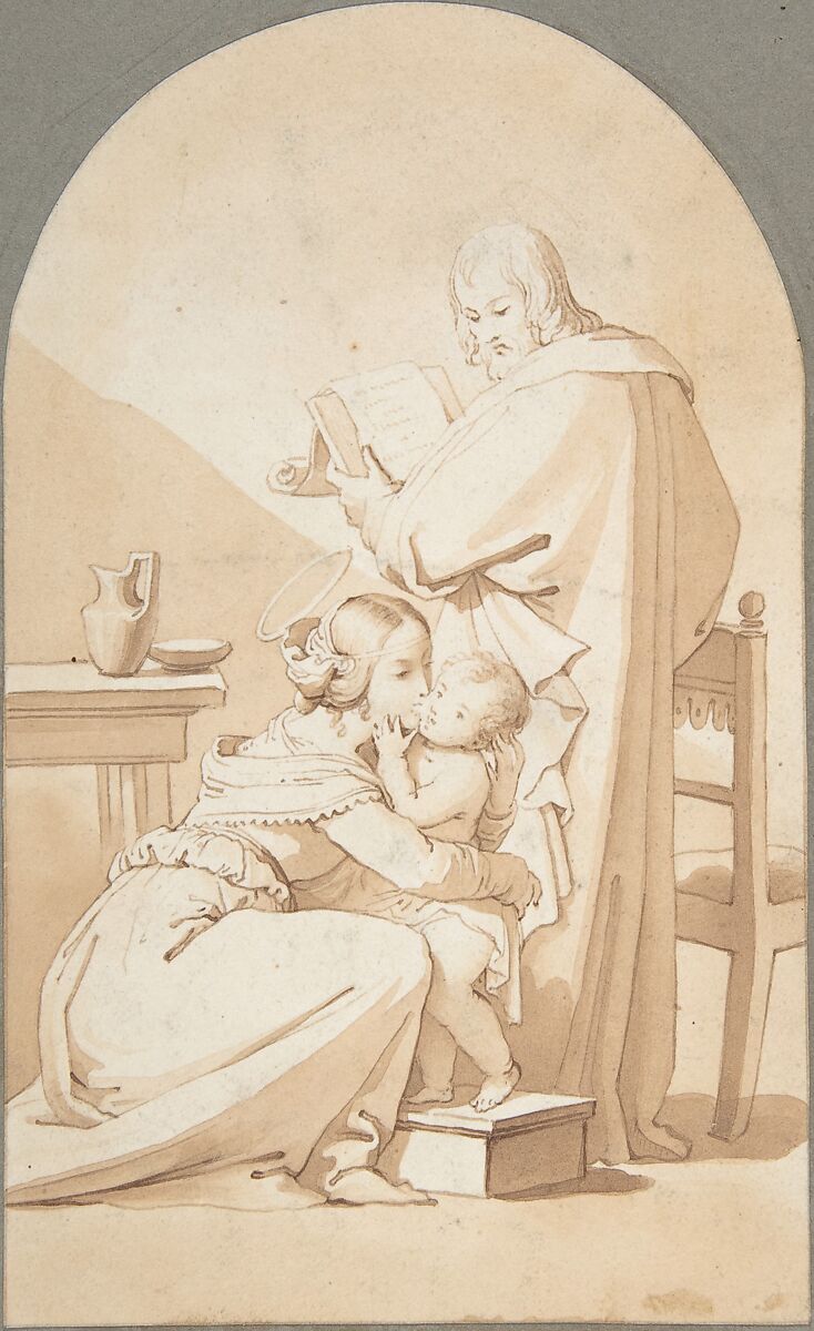 The Holy Family in an Interior, E. La Touche (early 19th century), Pen and brown ink and wash on wove paper 