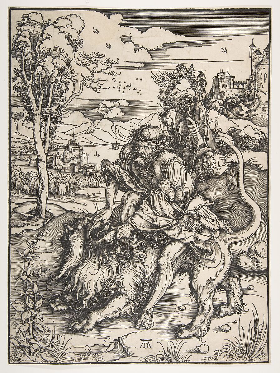 Samson Rending the Lion, Albrecht Dürer (German, Nuremberg 1471–1528 Nuremberg), Woodcut 