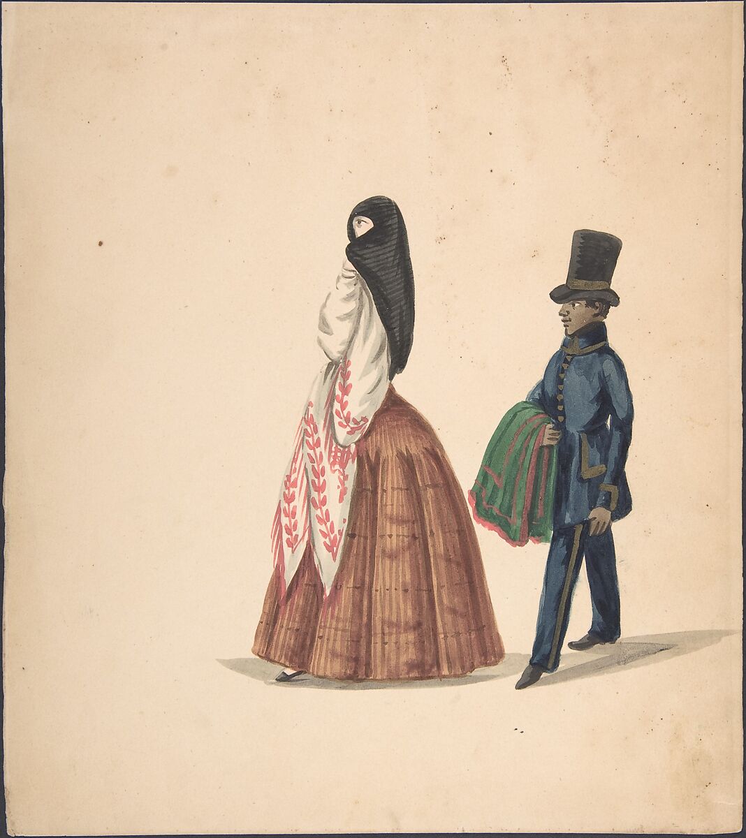 A Woman, Followed by Her Servant, Anonymous, Peruvian, 19th century, Brush and ink and watercolor on wove paper 