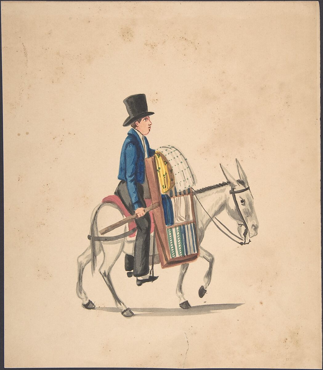 A Man Riding on a Donkey, Anonymous, Peruvian, 19th century, brush and ink and watercolor on wove paper 