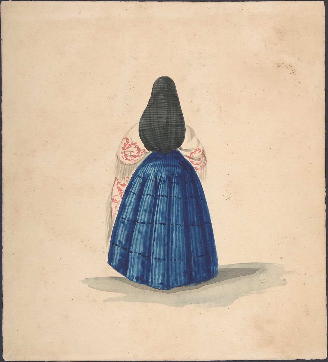 A Standing Woman Seen from the Back, Anonymous, Peruvian, 19th century, brush and ink and watercolor on wove paper 