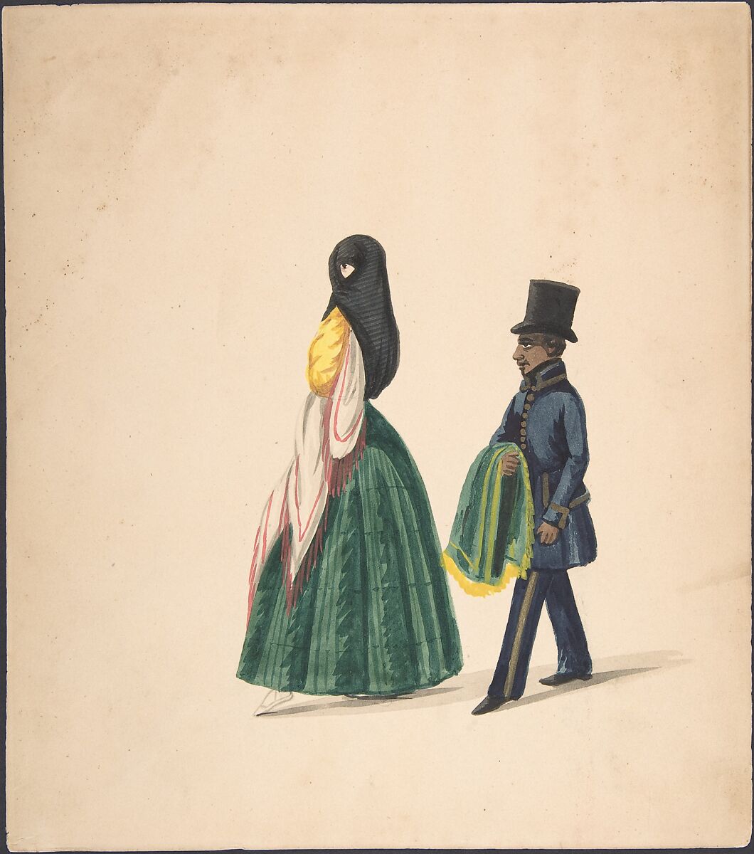 A Woman, Followed by Her Servant, Anonymous, Peruvian, 19th century, brush and ink and watercolor on wove paper 
