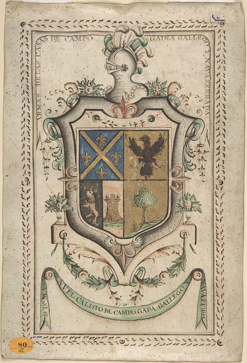 Coat of Arms Surmounted by a Plumed Helmet, Anonymous, Spanish, 18th century, Pen and ink, brush and bodycolor, on vellum 