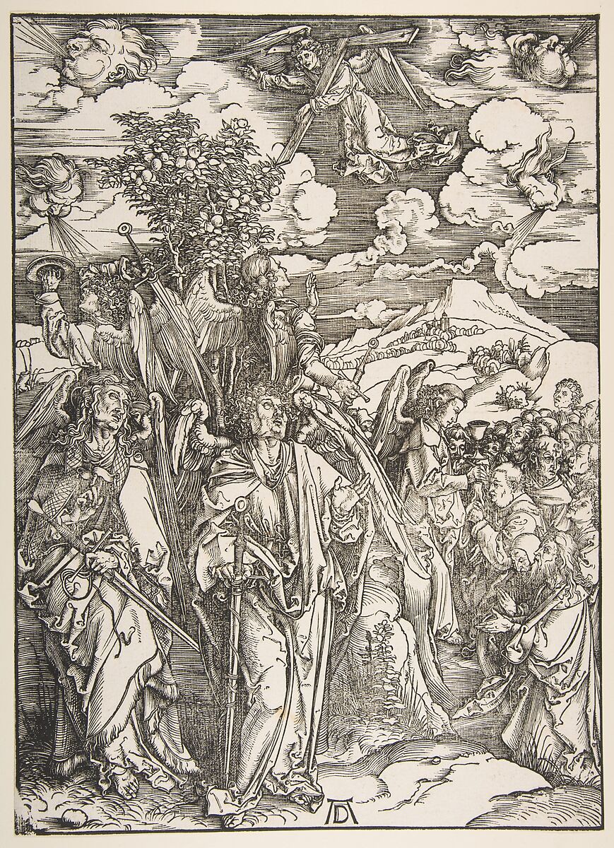 Angels Restraining the Four Winds, Albrecht Dürer (German, Nuremberg 1471–1528 Nuremberg), Woodcut 