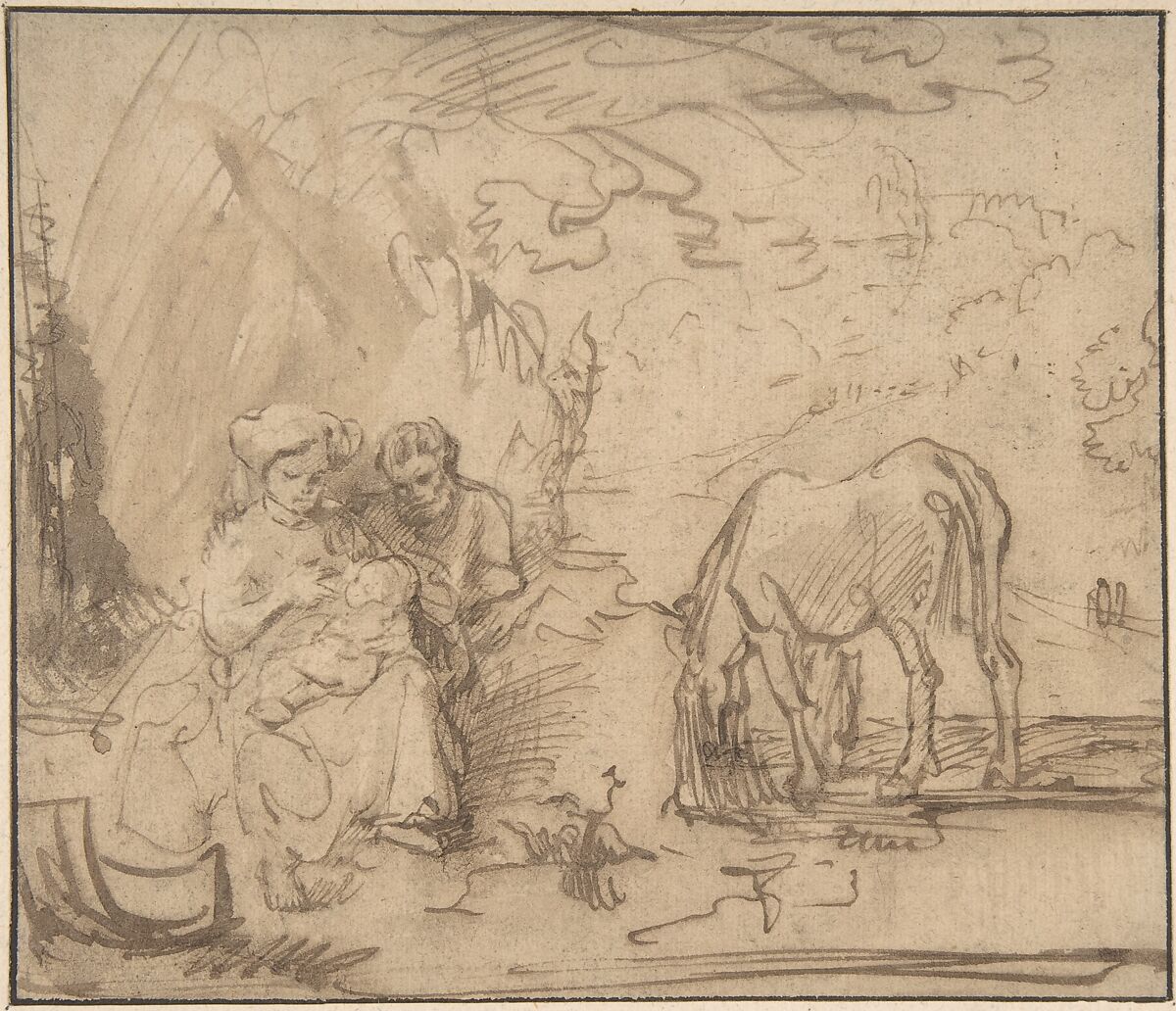 Rest on the Flight into Egypt, School of Rembrandt (Rembrandt van Rijn) (Dutch, Leiden 1606–1669 Amsterdam), Pen and brown ink; framing lines in dark brown ink 