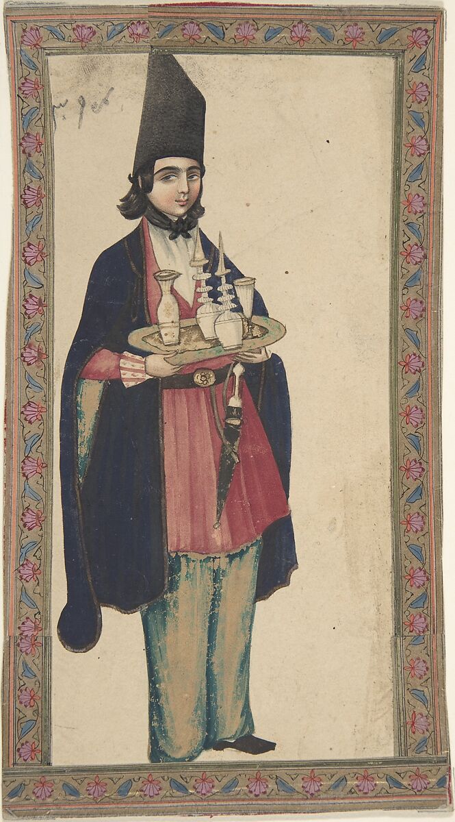 Persian Woman or Man Holding a Tray, Anonymous, Persian, 19th century, Watercolor and gouache 