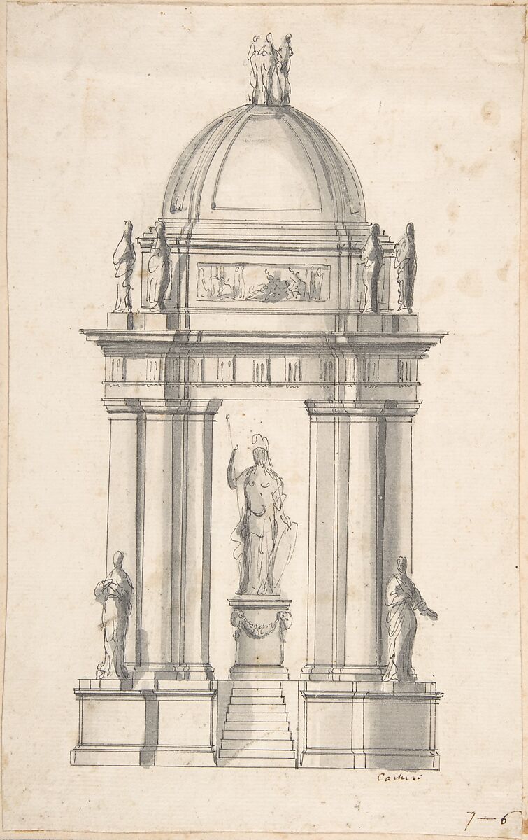 Design for a Monument with Minerva?, Anonymous, Spanish, 16th century ?, Pen and black ink, brush and gray wash 