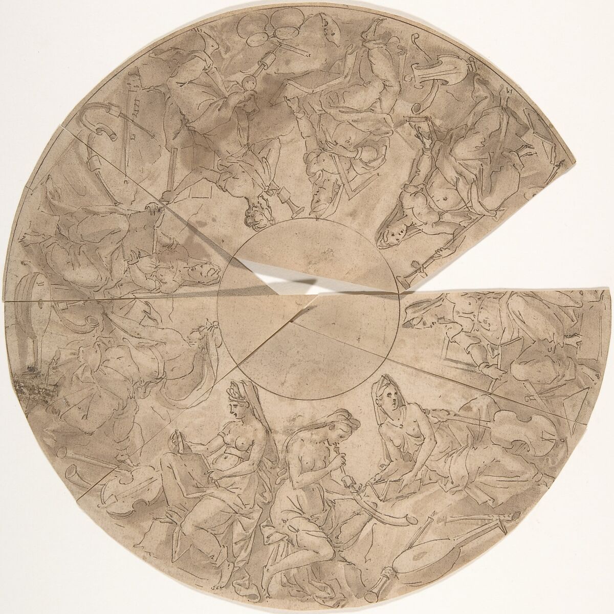 Design for a Circular Border with Nine Female Figures (the Muses?), Attributed to Luca Penni (Italian, Florence 1500/1504–1557 Paris), Pen and brown ink, brush and brown wash, over traces of black chalk; circular outlines done with compass, and the paper is sectioned into five fragments. 