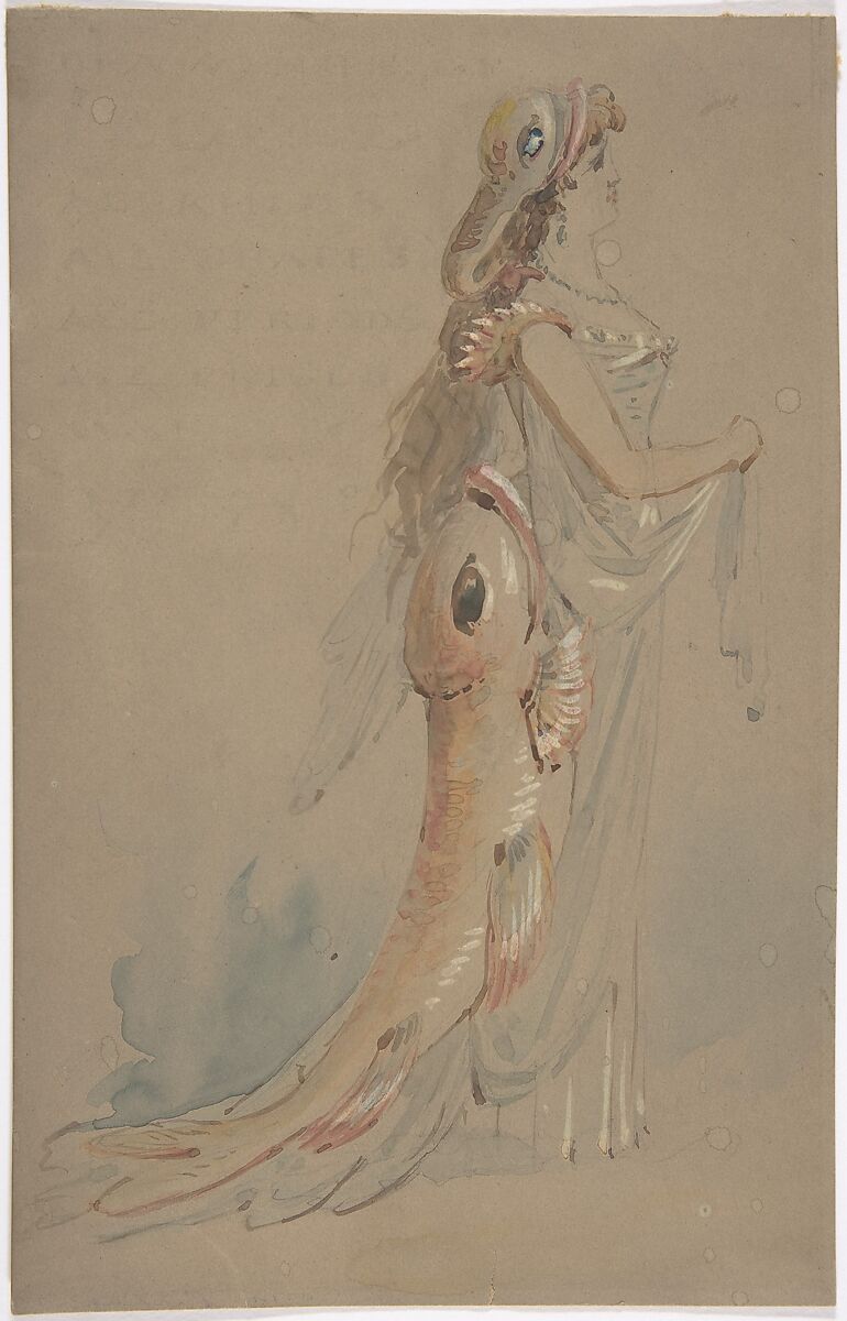 Woman Wearing a Costume Whose Bustle and Headdress are the Shape of Fishes, Anonymous, British, 19th century, Watercolor on gray card 