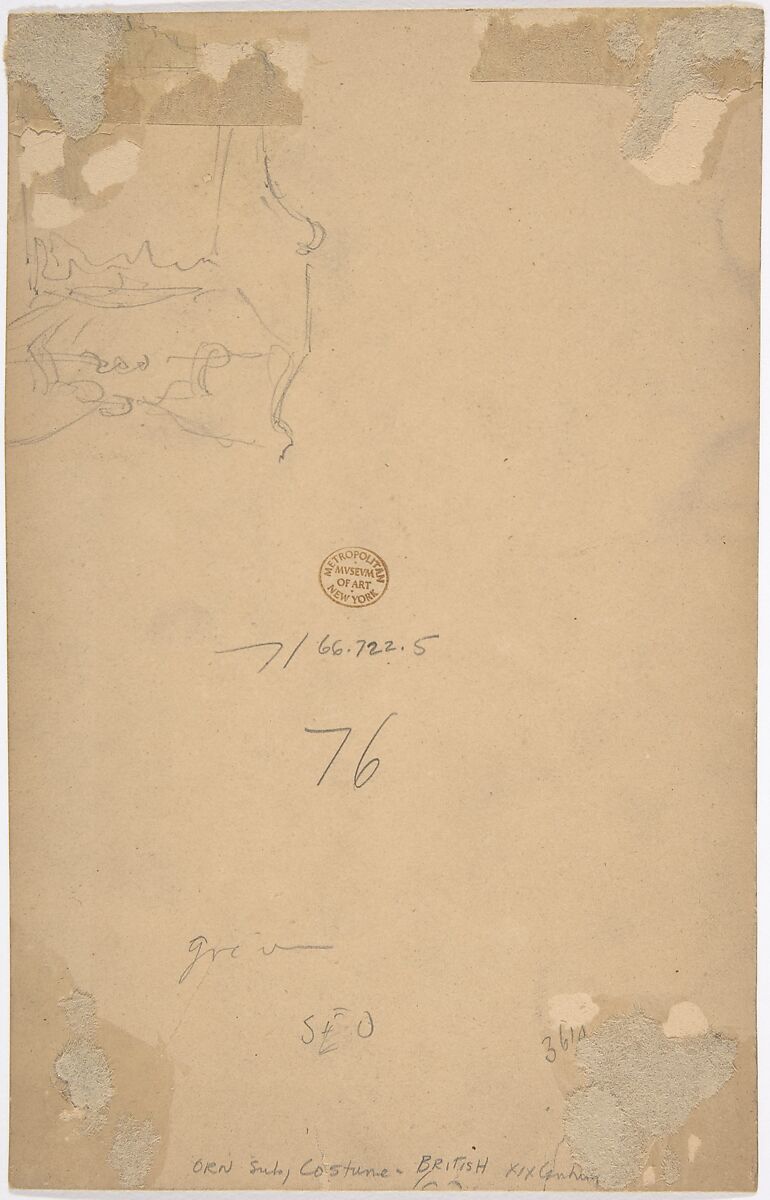 Woman Wearing a Costume Whose Bustle and Headdress are the Shape of Fishes, Anonymous, British, 19th century, Watercolor on gray card