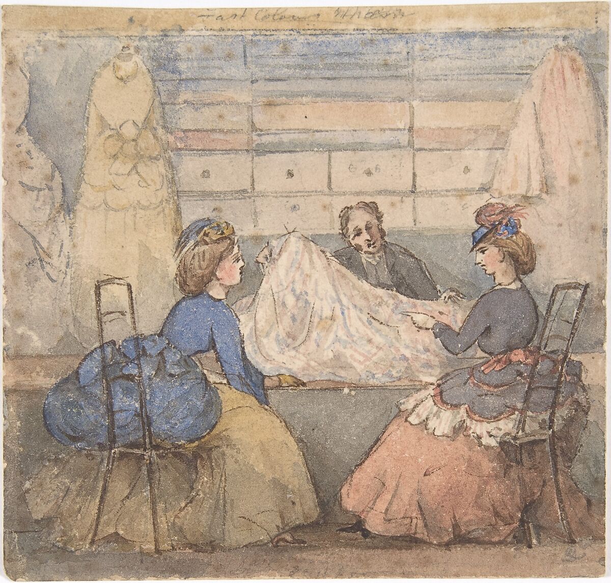 Two Women Looking at Fabric in a Shop, Anonymous, British, 19th century, Watercolor 