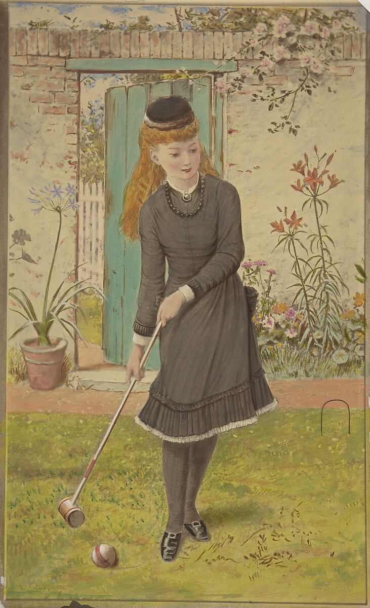 Girl Playing Croquet, William Stephen Coleman (British, 1829–1904), Watercolor with gum arabic 