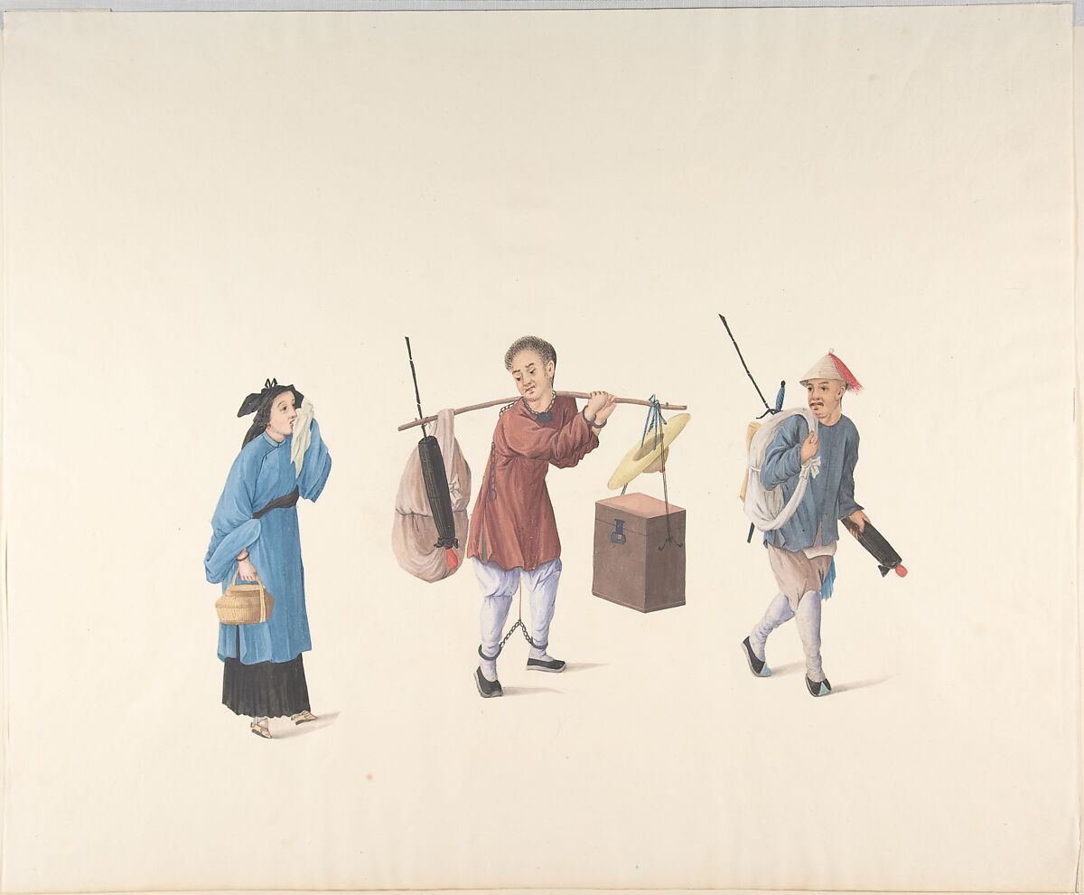 Chinese Woman, Man with Legs Chained and Another Carrying Parasol and Bundle, Anonymous, Chinese, 19th century, Watercolor and gouache 