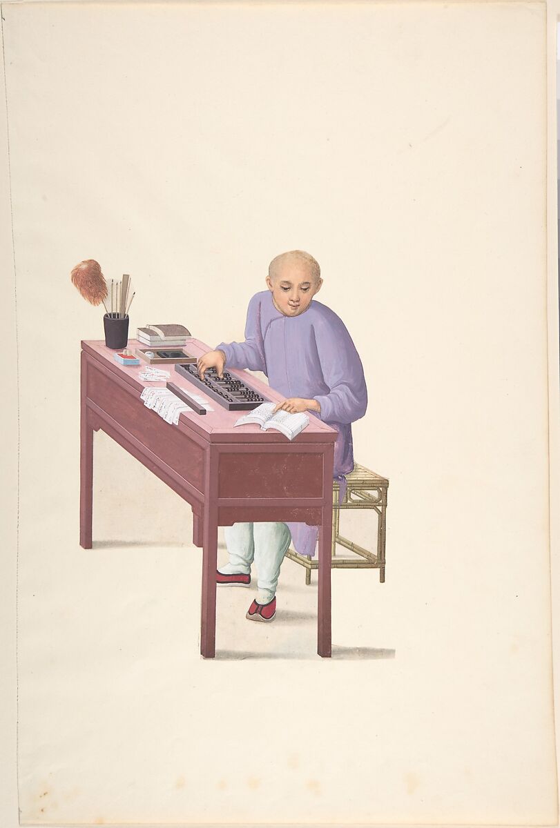 Chinese Man at Desk with an Abbacus, Anonymous, Chinese, 19th century, Watercolor and gouache 