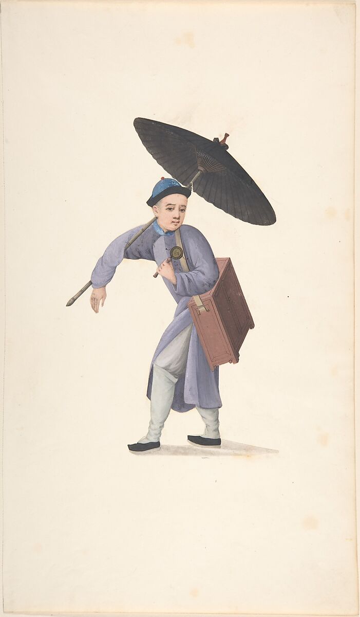 Chinese Man with Parasol, Rattle and Box, Anonymous, Chinese, 19th century, Watercolor and gouache 