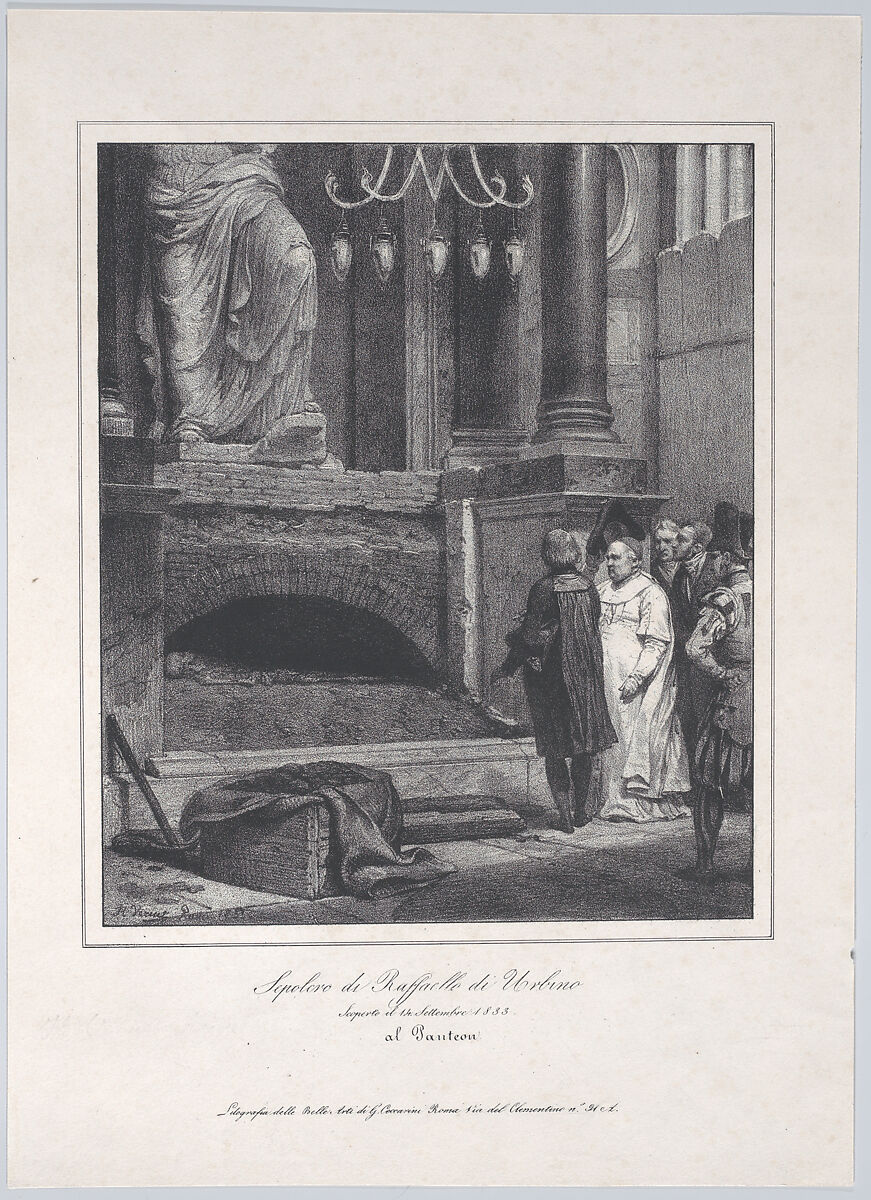 The Tomb of Raphael, Opened September 14, 1833, Pantheon, Rome, Horace Vernet (French, Paris 1789–1863 Paris), Lithograph
