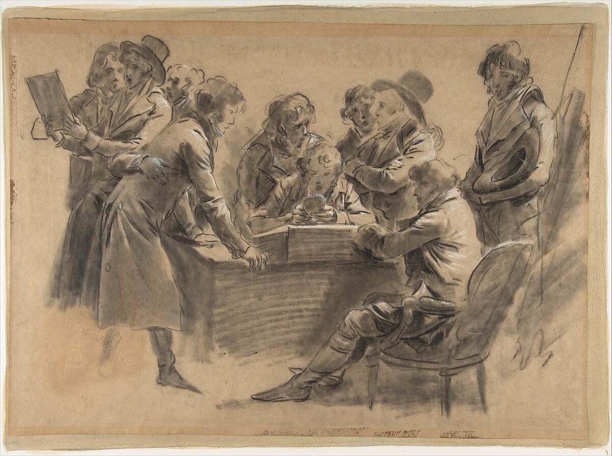 Group of Artists in Jean-Baptiste Isabey's Studio, Louis Léopold Boilly  French, Conté crayon, stumping, heightened with white chalk