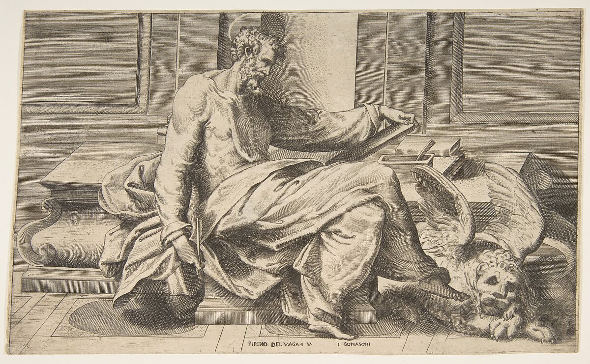 Saint Mark writing his gospel, winged lion at the right, Giulio Bonasone (Italian, active Rome and Bologna, 1531–after 1576), Engraving 