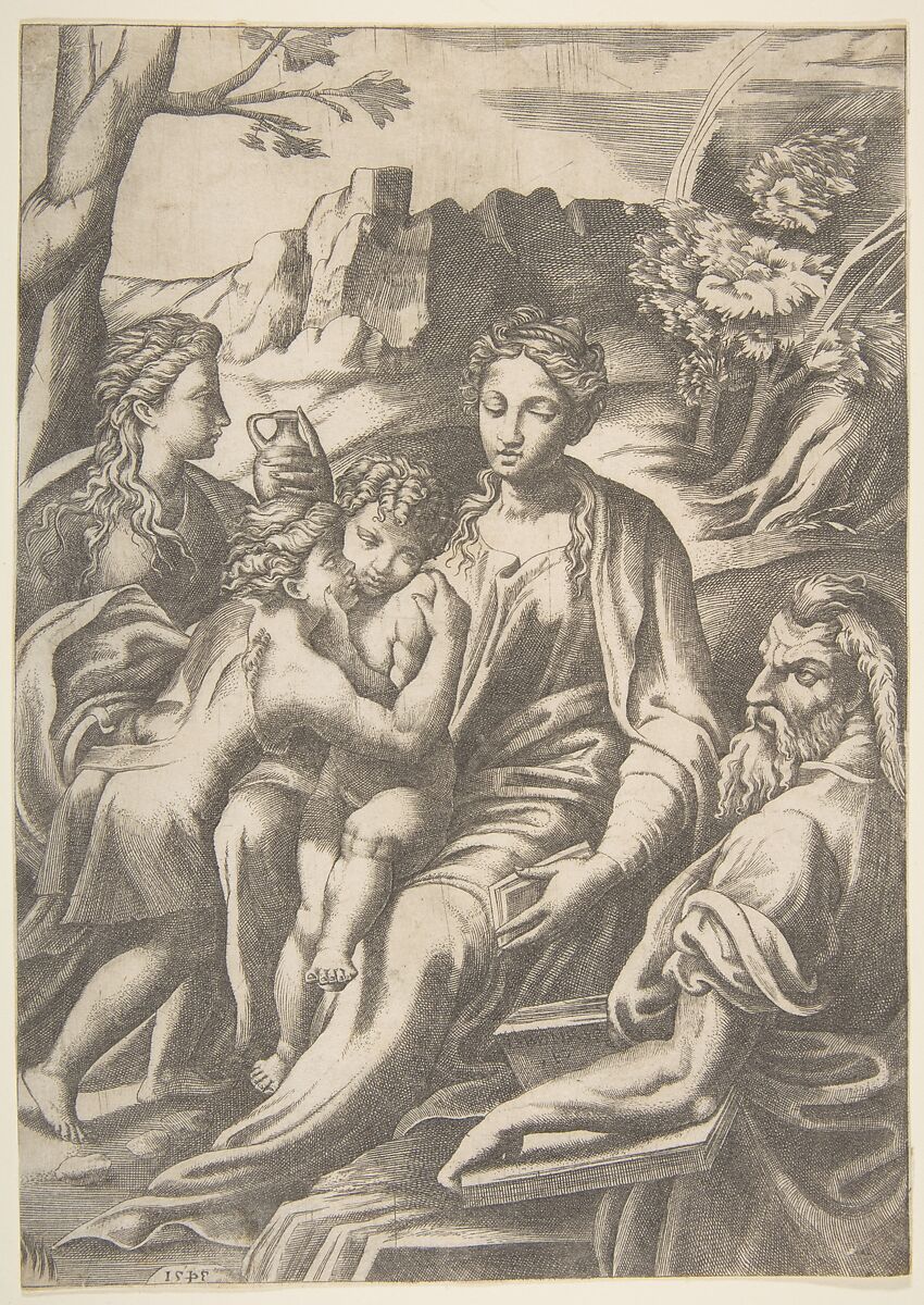 The Holy Family with Mary Magdalene and John the Baptist who embraces Christ, Giulio Bonasone (Italian, active Rome and Bologna, 1531–after 1576), Engraving 