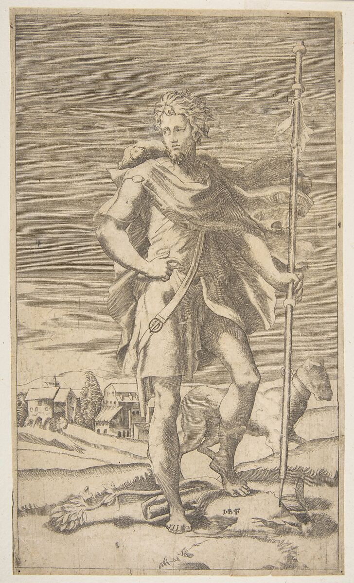 Saint Roch standing holding a staff in his left hand, a dog by his side, Giulio Bonasone (Italian, active Rome and Bologna, 1531–after 1576), Engraving 