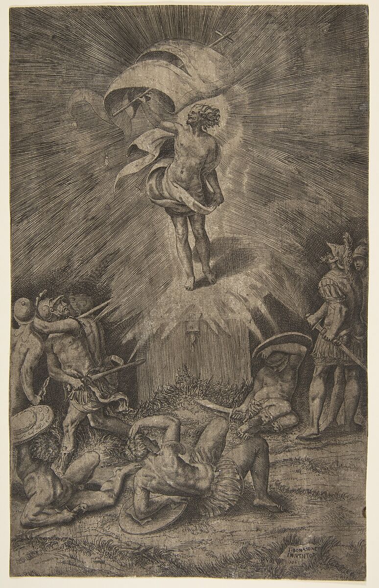 The resurrection of Christ, holding a banner in his right hand, soldiers surrounding the tomb, some falling away, Giulio Bonasone (Italian, active Rome and Bologna, 1531–after 1576), Etching and engraving 