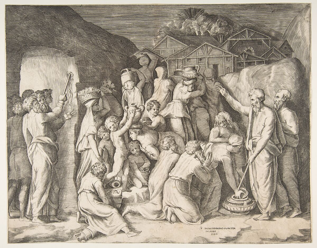 Moses at right telling the Israelites to gather the manna and at left Moses striking the rock, Giulio Bonasone (Italian, active Rome and Bologna, 1531–after 1576), Engraving 