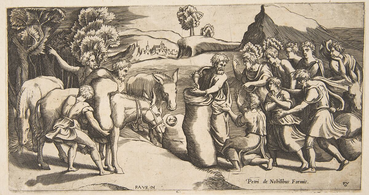 Joseph's cup being discovered in Benjamin's sack of grain, Monogrammist PVO (active ca. 1580–90), Engraving 