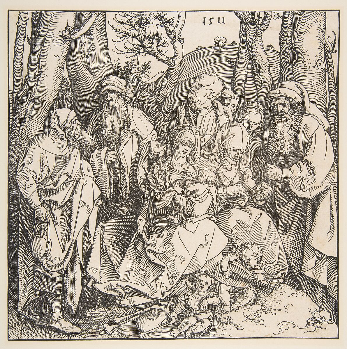 The Holy Family with Saints and Two Musical Angels, Albrecht Dürer (German, Nuremberg 1471–1528 Nuremberg), Woodcut 