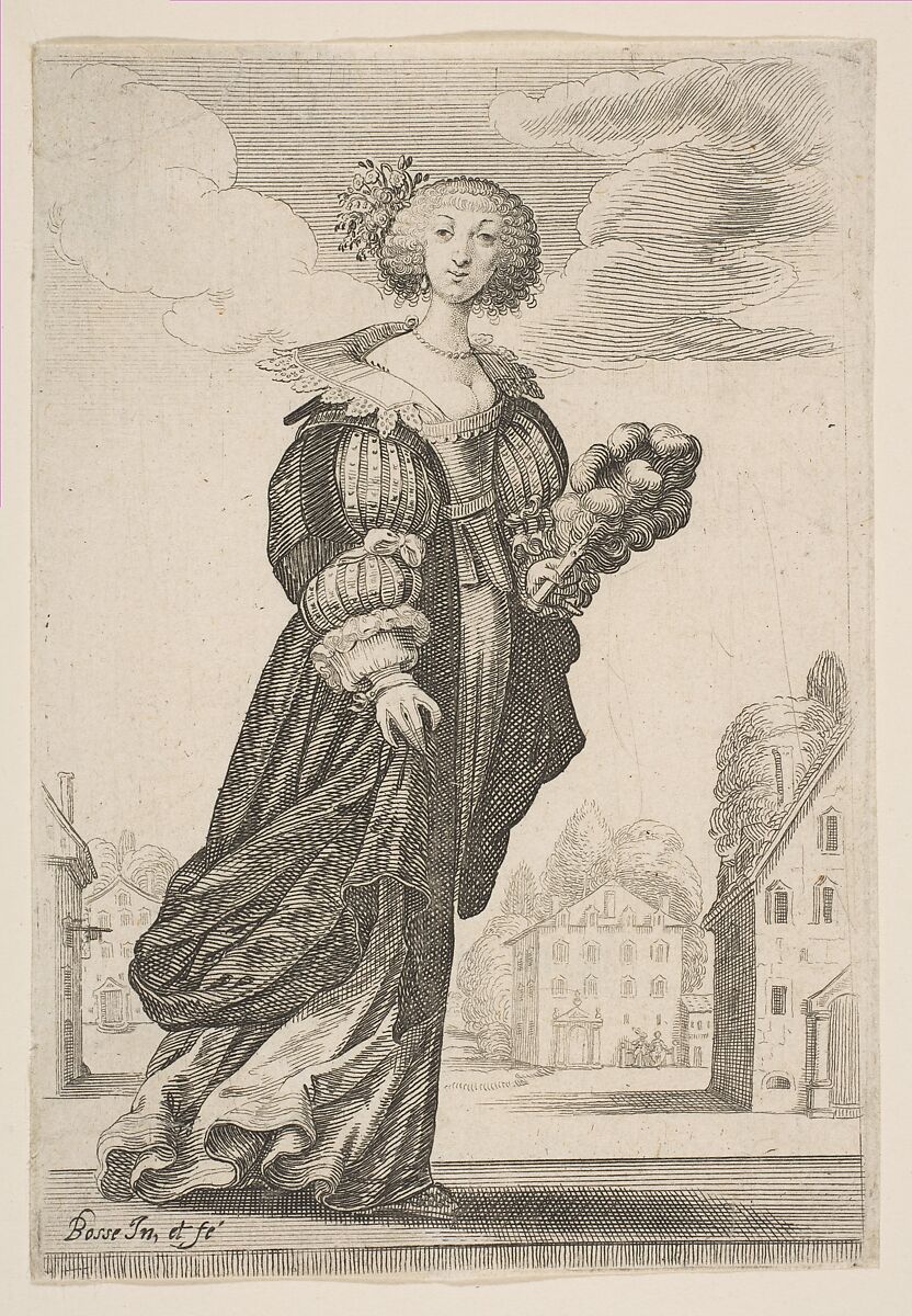 Woman Holding a Fan, from "The Garden of the French Nobles In Which One Can Pick Up Their Way of Dressing", Abraham Bosse (French, Tours 1602/04–1676 Paris), Etching; first state of two 