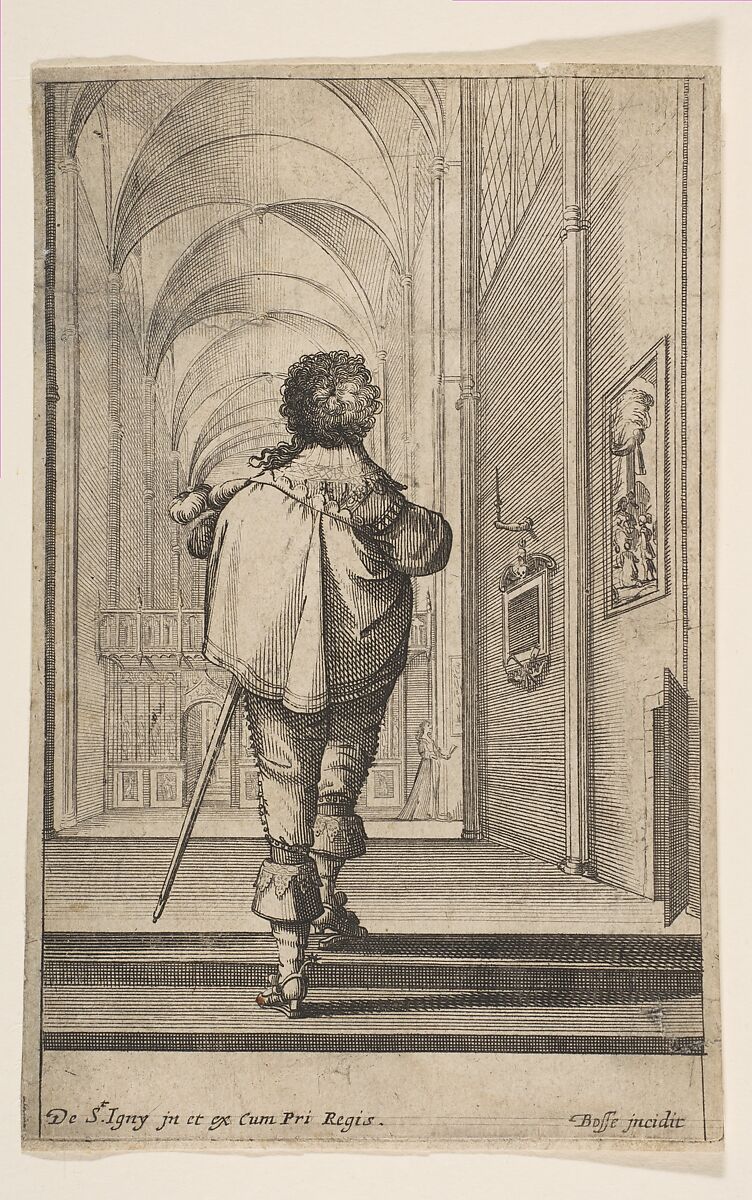 A gentleman seen from behind walking into a church, plate 8 from "French Nobility at Church", Abraham Bosse (French, Tours 1602/04–1676 Paris), Etching 