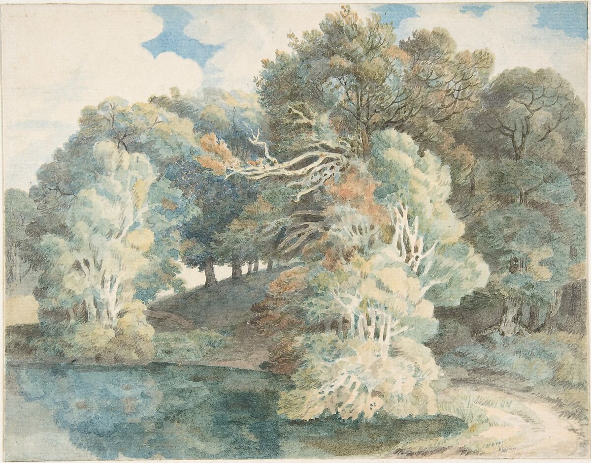 Trees by the lake, Peamore Park, near Exeter, Devon, Francis Towne (British, Isleworth, Middlesex 1739–1816 Exeter), Watercolor over traces of graphite; laid down on original mount 