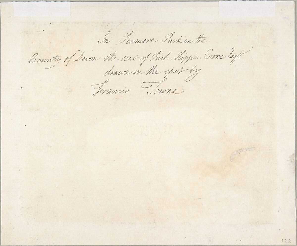 Trees by the lake, Peamore Park, near Exeter, Devon, Francis Towne (British, Isleworth, Middlesex 1739–1816 Exeter), Watercolor over traces of graphite; laid down on original mount