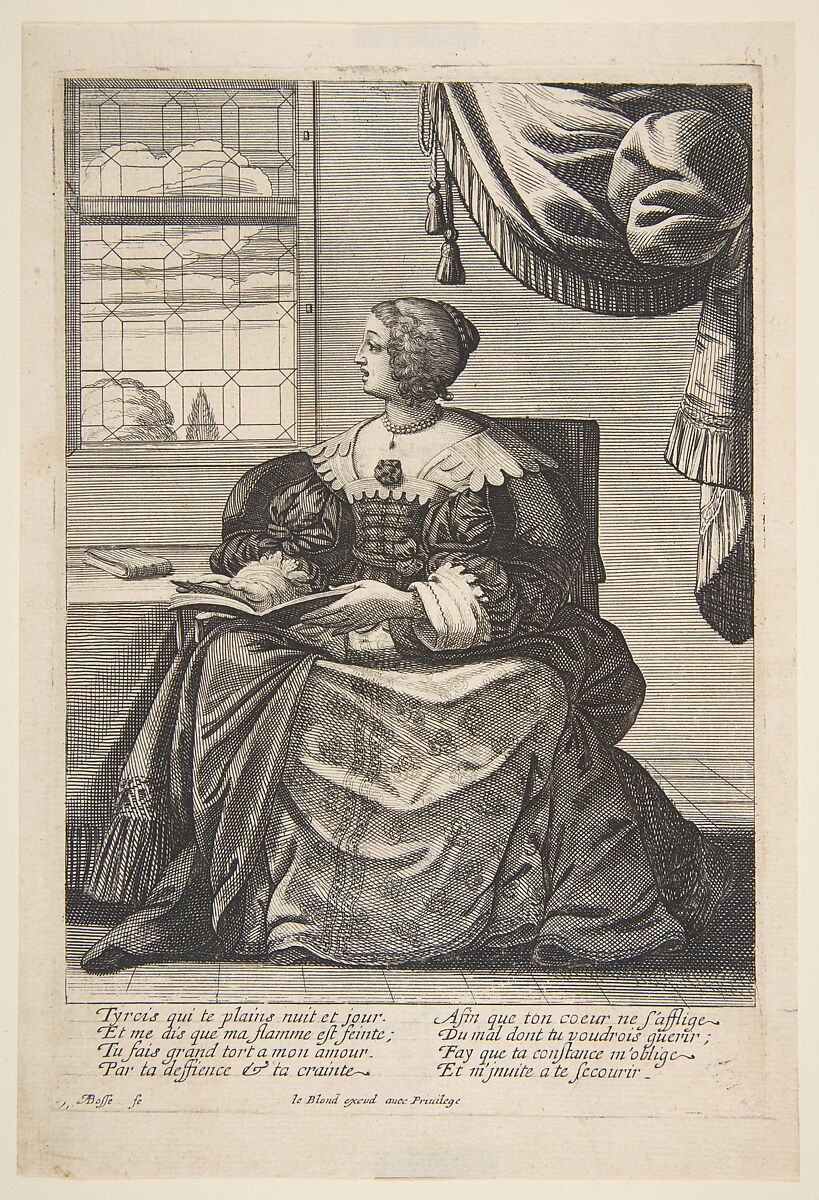 Seated Woman Holding a Book and Singing, Abraham Bosse (French, Tours 1602/04–1676 Paris), Etching 