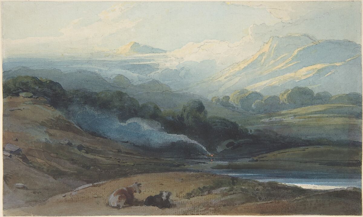 Cattle resting in a mountainous landscape, Bengal, George Chinnery (British, London 1774–1852 Macau), Watercolor over graphite with stopping out, touches of gouache (bodycolor) and gum 